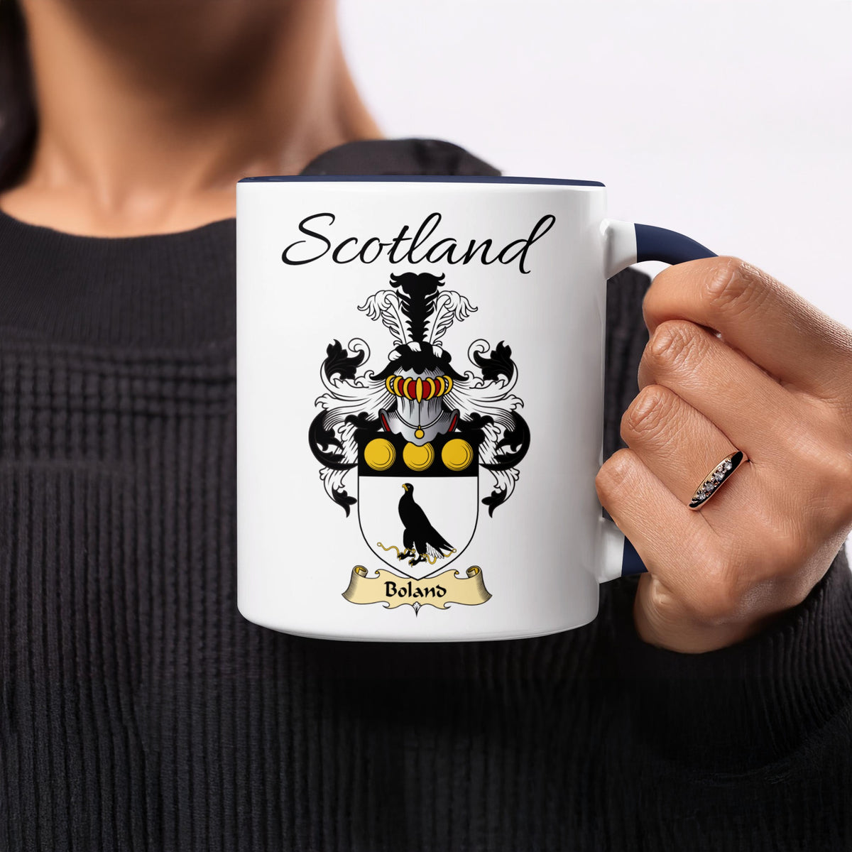 Red-accent Boland Scottish family crest mugs with Scotland above the heraldic shield