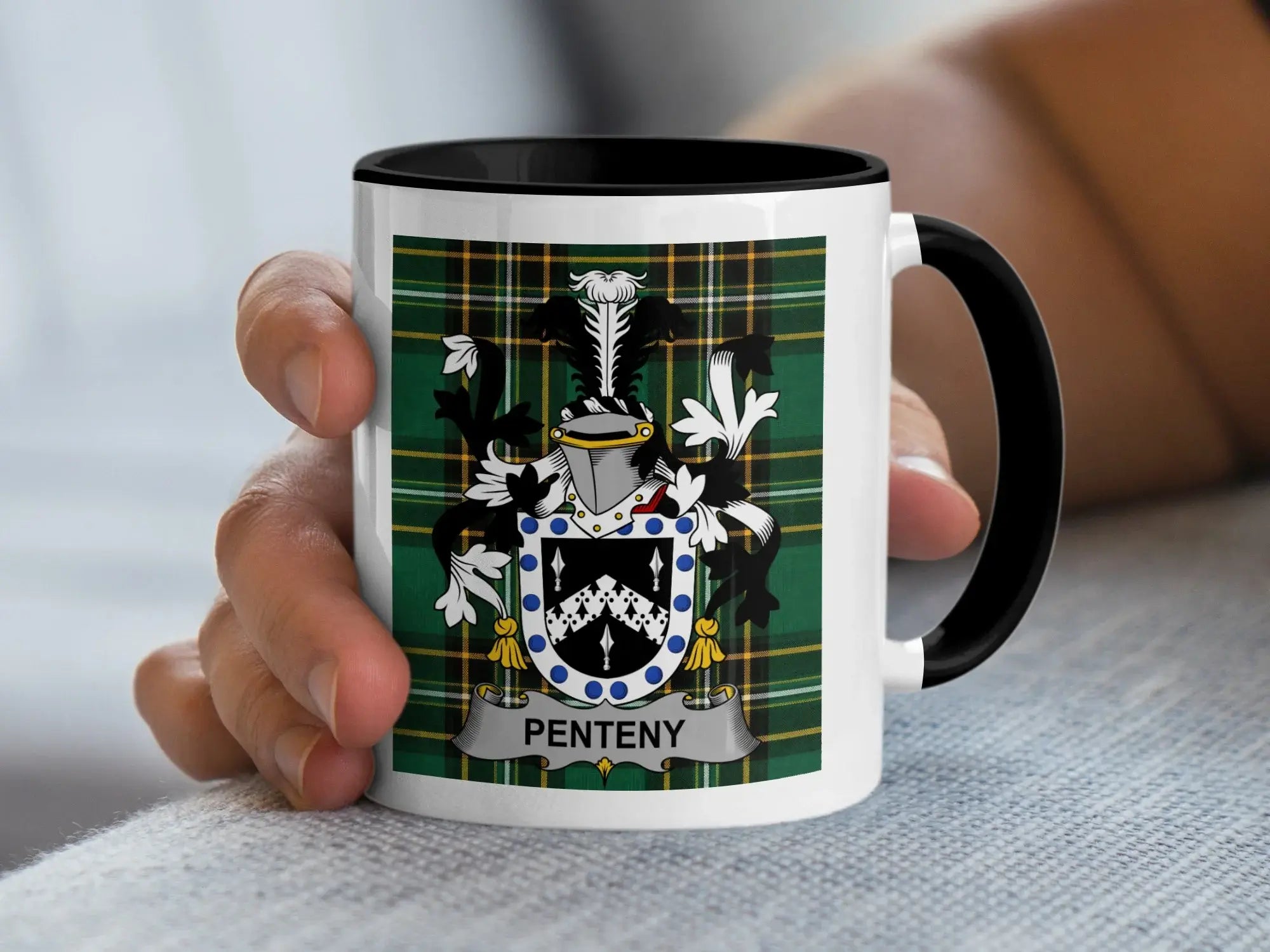 Penteny Irish family crest black accent mug with Irish National Tartan