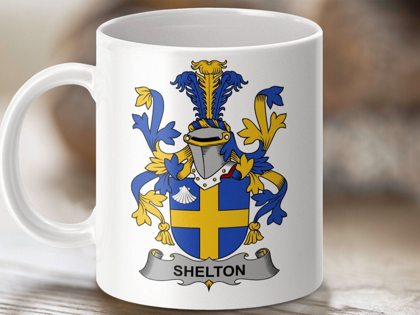 Shelton Family Crest Emblem with Cross Mug - Celtic Ancestry Gifts