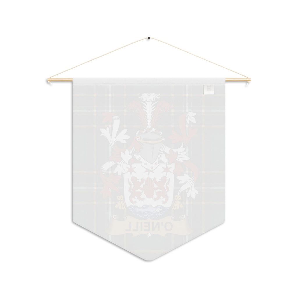 Pennant with O'NEILL crest and plaid background hanging from wooden rod.