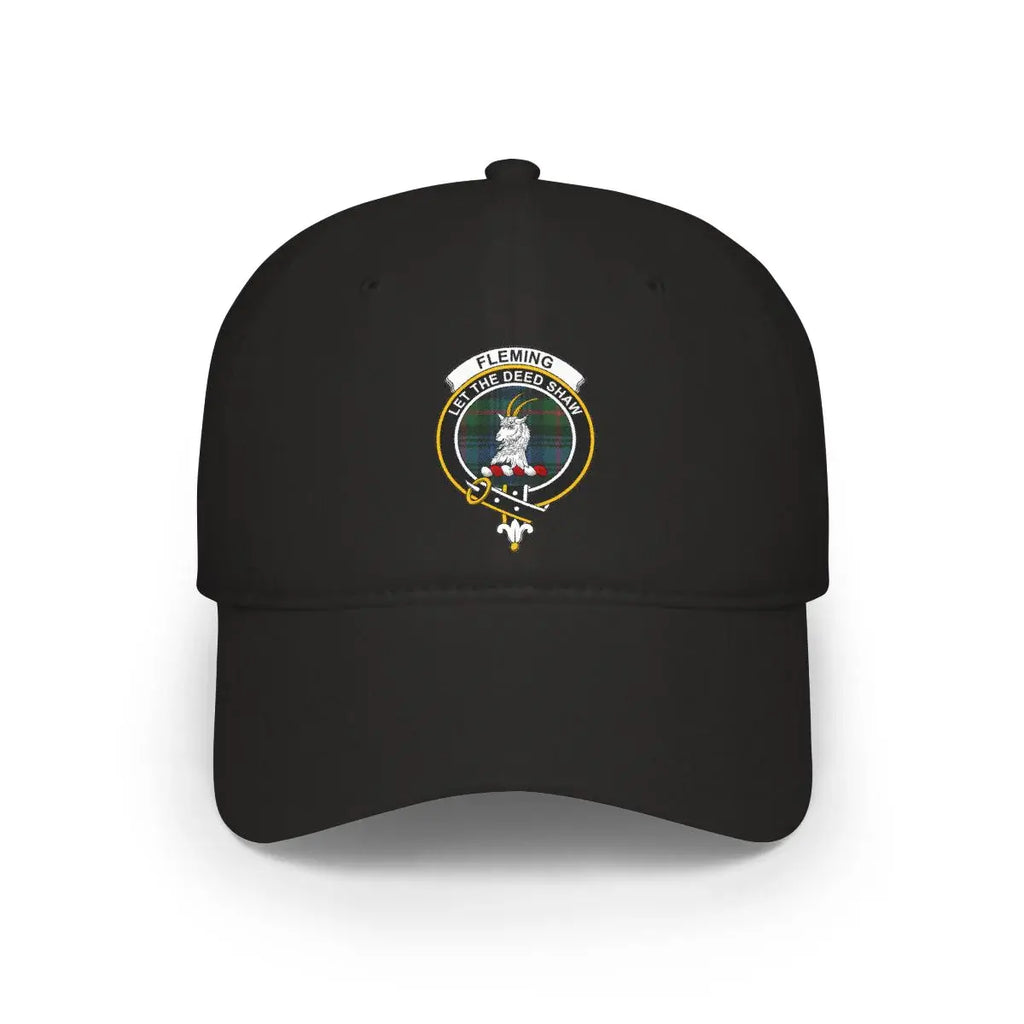 Clan Fleming crest baseball cap in black — low-profile cotton, printed goat crest and motto Let the Deed Shaw