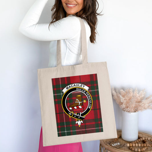 Clan MacAuley Crest on Tartan Background Tote Bag - Living Stone Gifts