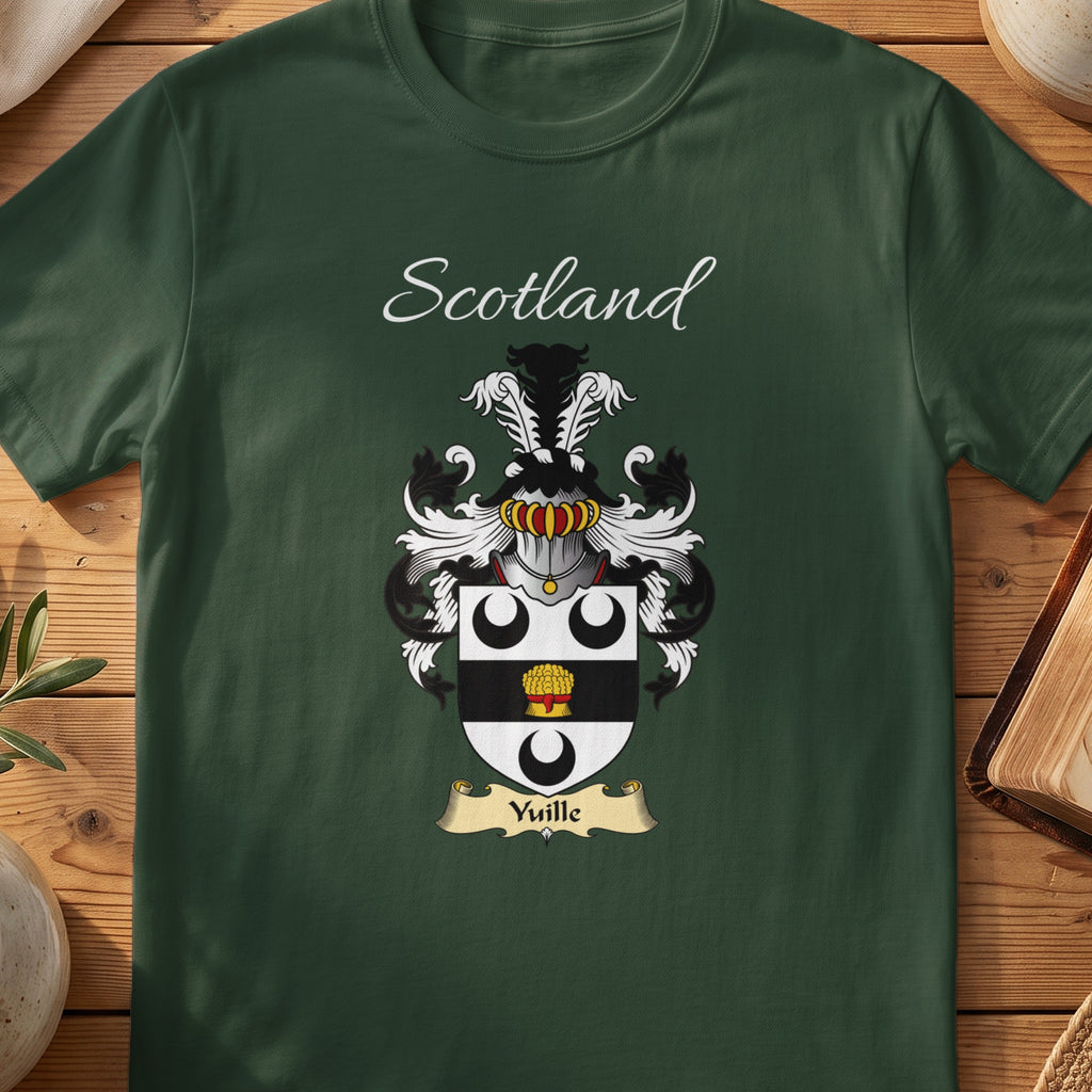 Forest Green Yuille Scottish T-shirt laid flat with coat of arms artwork and “Scotland” text.