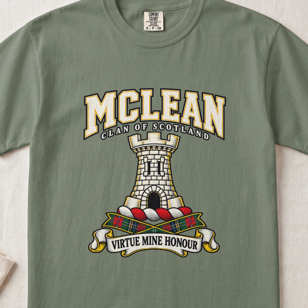 McLean graphic T-shirt in Moss green, front flat lay showing varsity lettering and white stone tower with battlements and arched doorway.