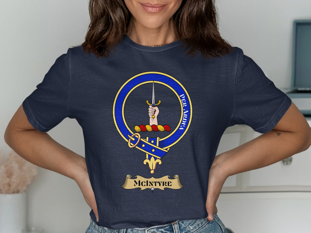 McIntyre Scottish clan crest design on navy T-shirt