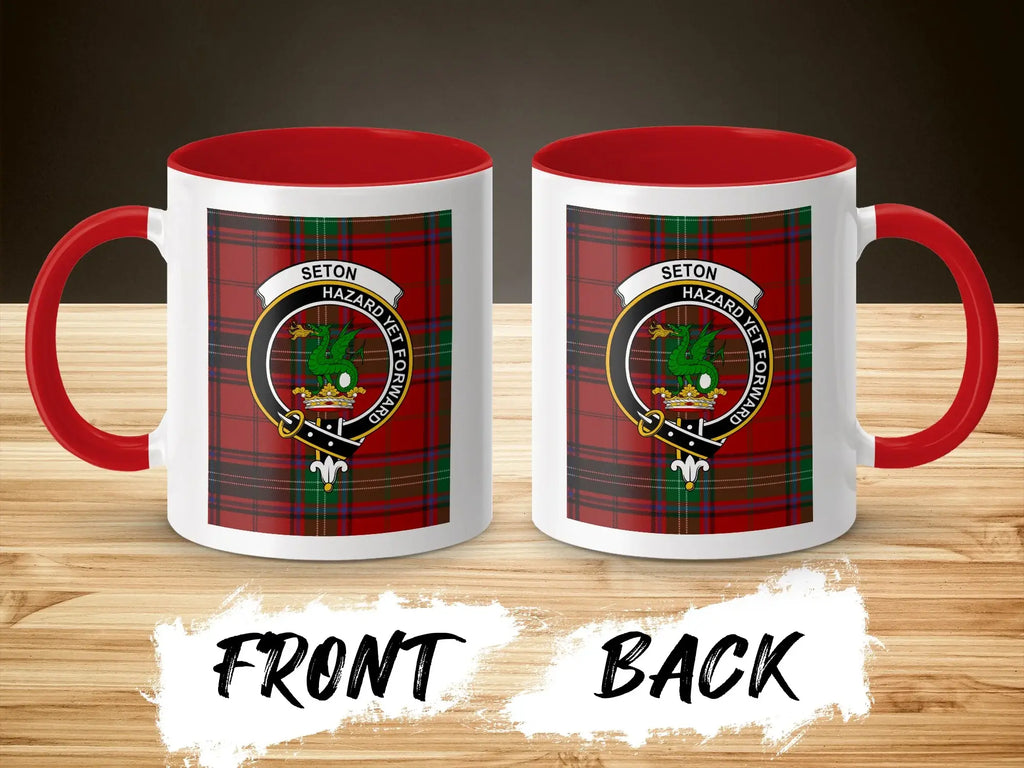 Seton Hazard Yet Forward tartan crest mug — 11 oz glossy ceramic with navy handle