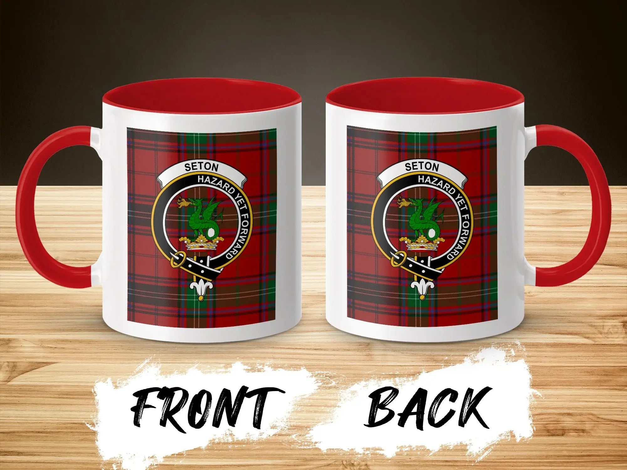Seton Hazard Yet Forward tartan crest mug — 11 oz glossy ceramic with navy handle