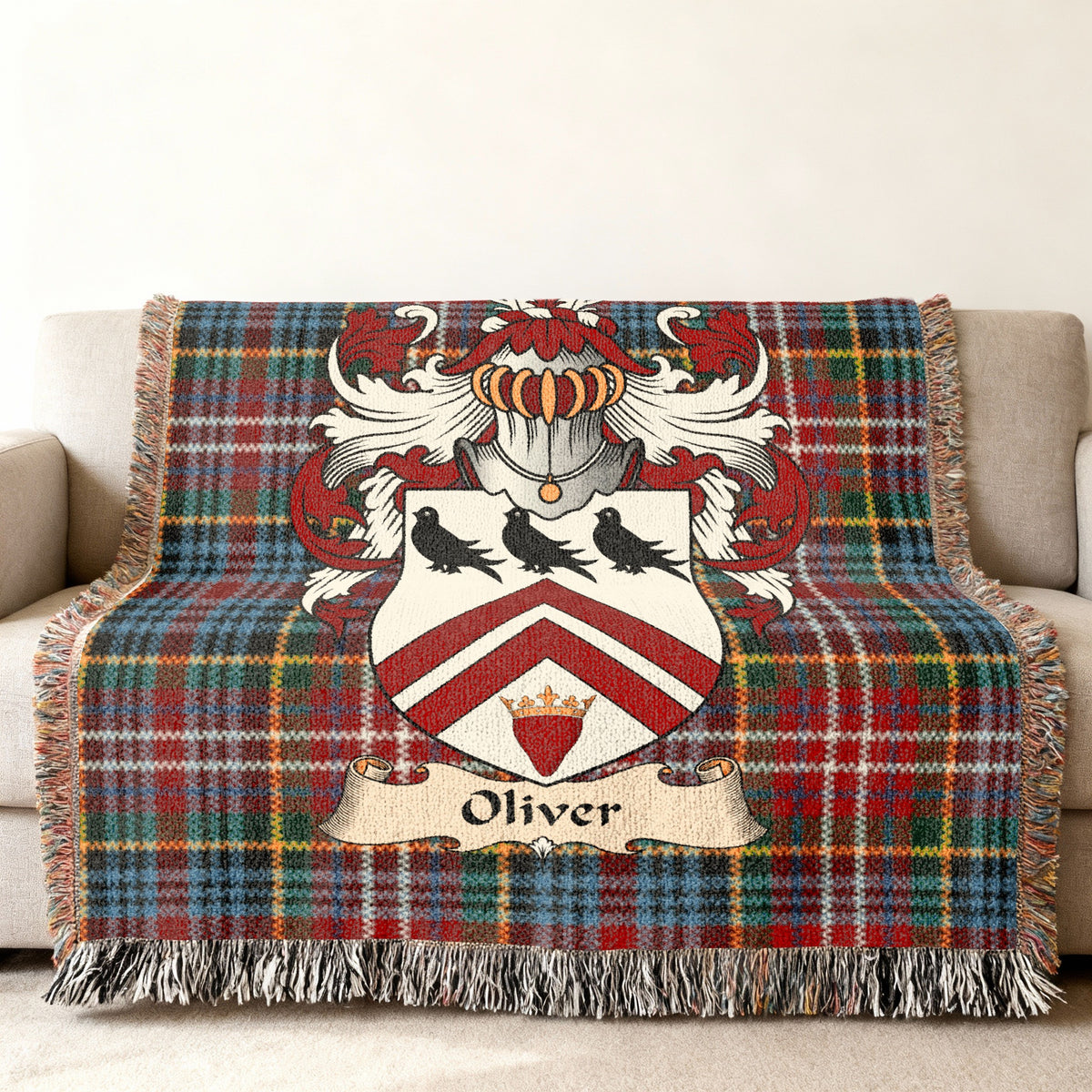Oliver Scottish family shield woven blanket on a Caledonia tartan background