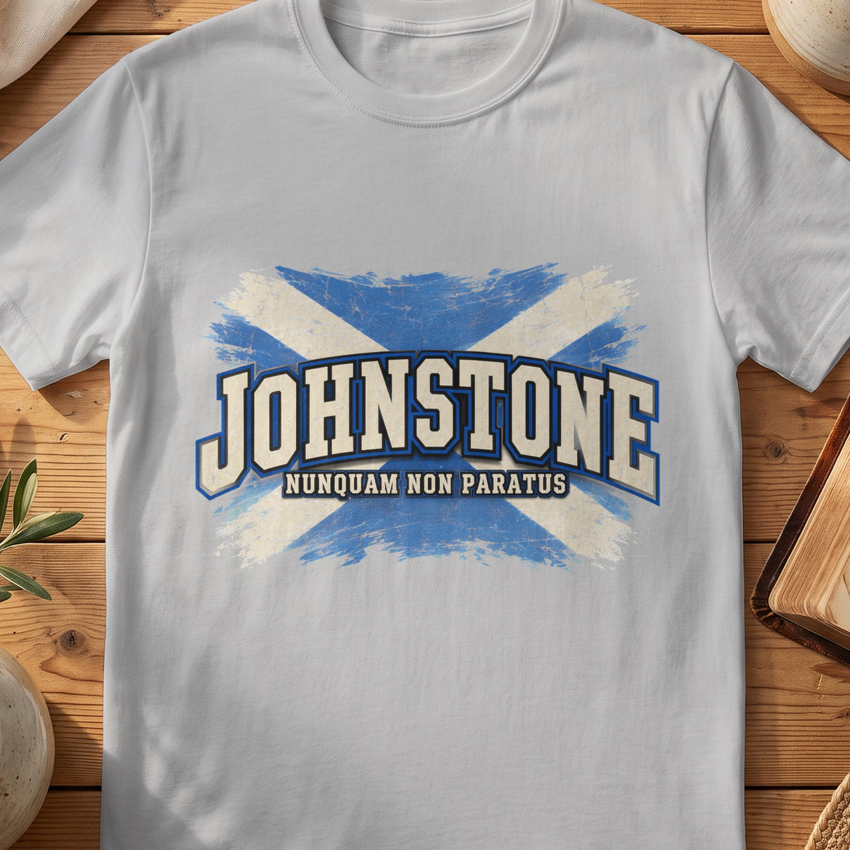 Johnstone Scottish Saltire T-shirt in Sport Grey, with distressed blue and cream flag and “Nunquam Non Paratus” lettering.