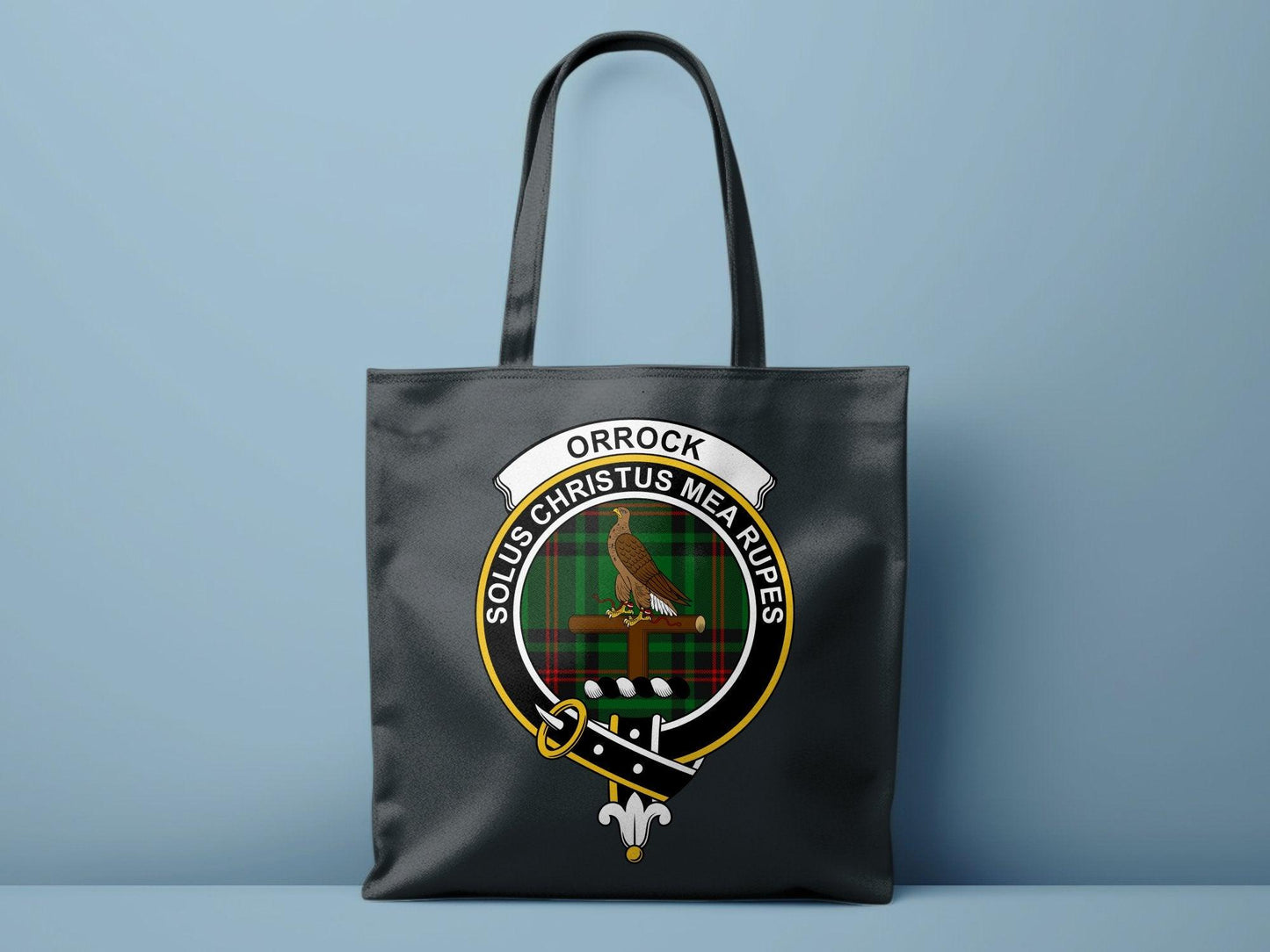 Orrock Clan Crest Solus Christus Mea Rupes Tote Bags - Celtic Ancestry Gifts
