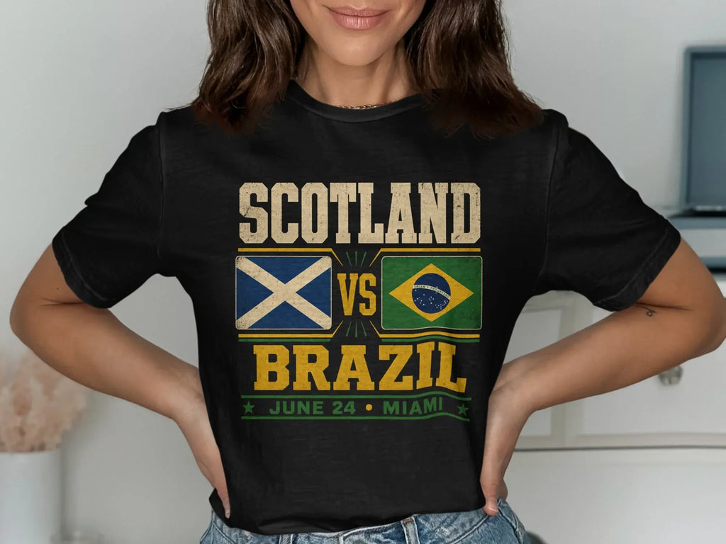 Scotland vs. Brazil soccer match t-shirt with flags and game details.