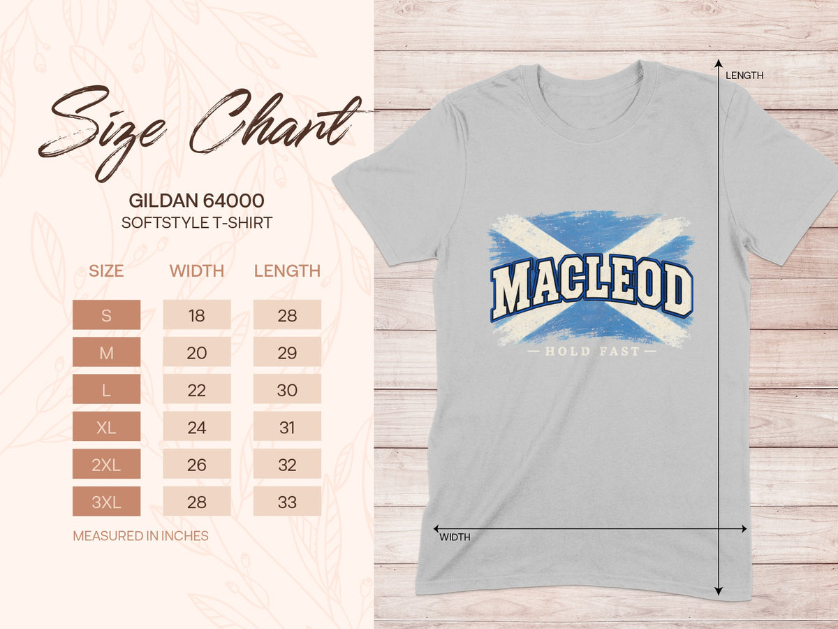 Gildan Softstyle 64000 size chart for the MacLeod Saltire T-shirt, showing shirt width and length in inches.