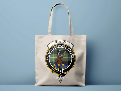 Rollo Scottish Clan Crest Tartan Tote Bags - Celtic Ancestry Gifts