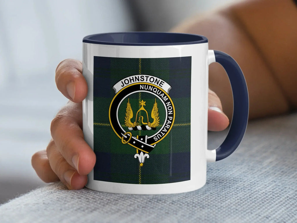 Johnstone clan crest tartan accent mug — glossy ceramic, Nunquam Non Paratus motto, black handle
