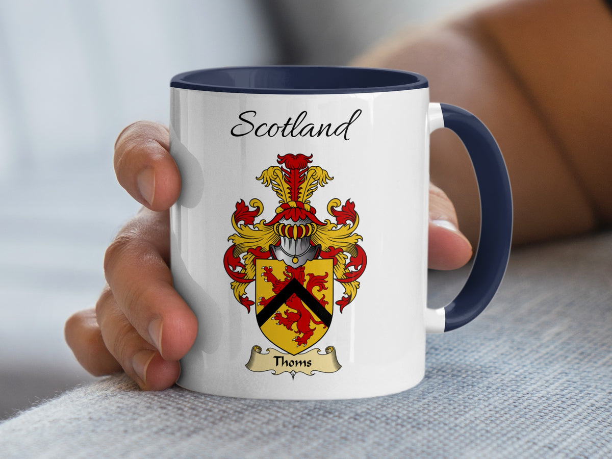 Navy accent 11 oz mug with Thoms family shield and Scotland text