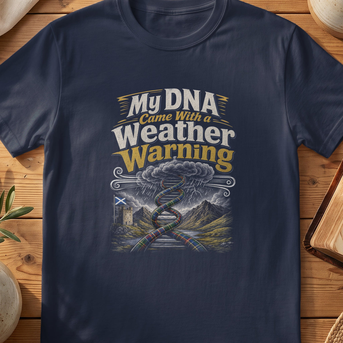 Navy Gildan 64000 unisex T-shirt flatlay with My DNA Came With a Weather Warning Scottish graphic design