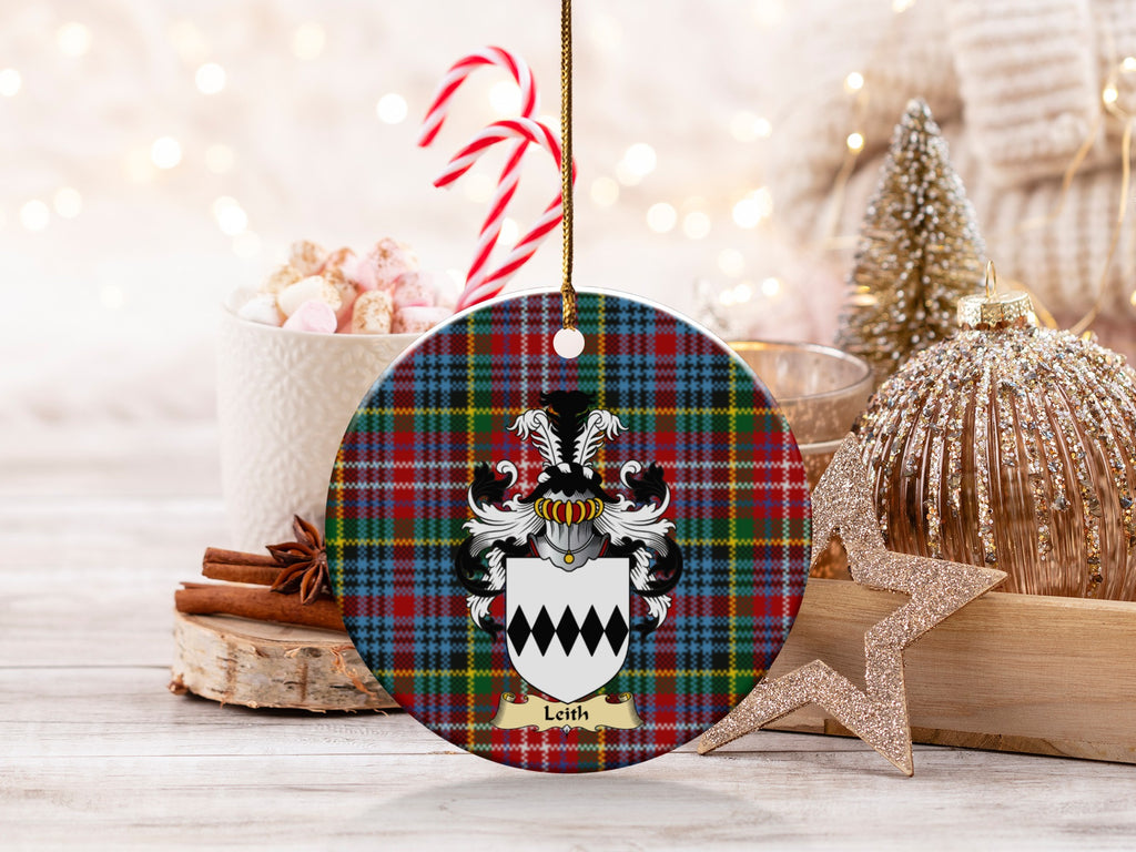 Double-sided Leith ceramic ornament with family shield and Caledonia tartan background