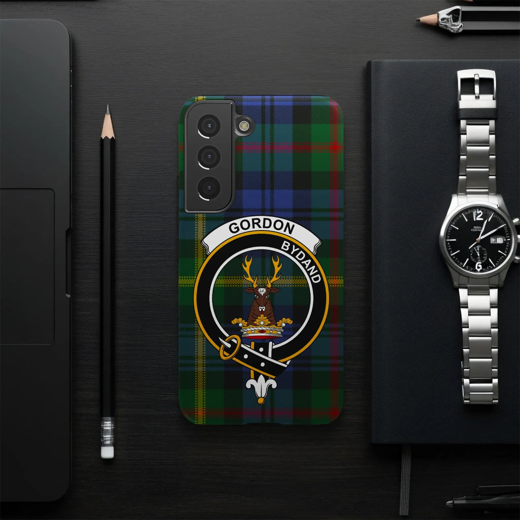 Gordon clan crest Samsung Galaxy phone case with full tartan wrap print — Scottish heritage cover