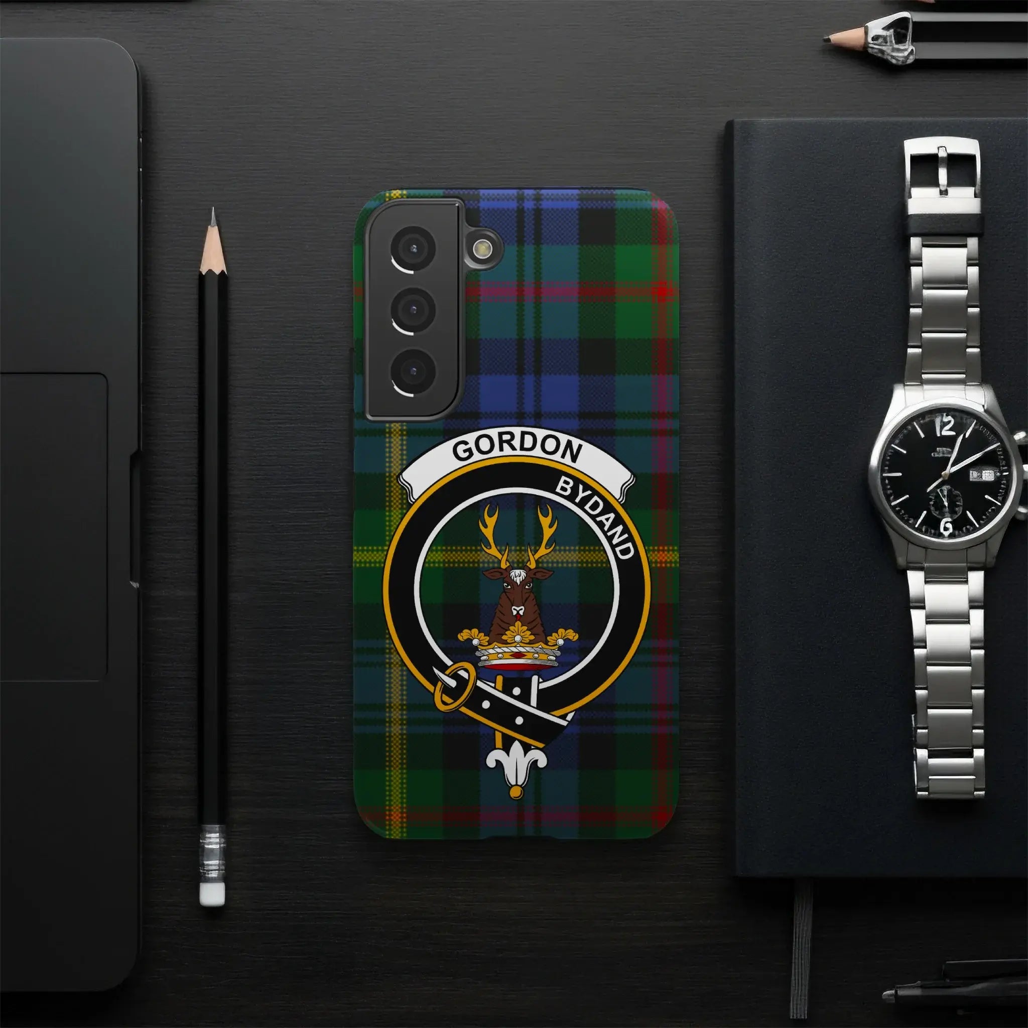Gordon clan crest Samsung Galaxy phone case with full tartan wrap print — Scottish heritage cover