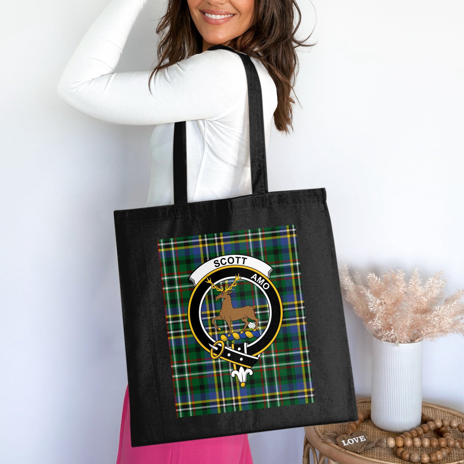 Scottish Clan Crest on Tartan Background Colorful Tote Bag - Living Stone Gifts