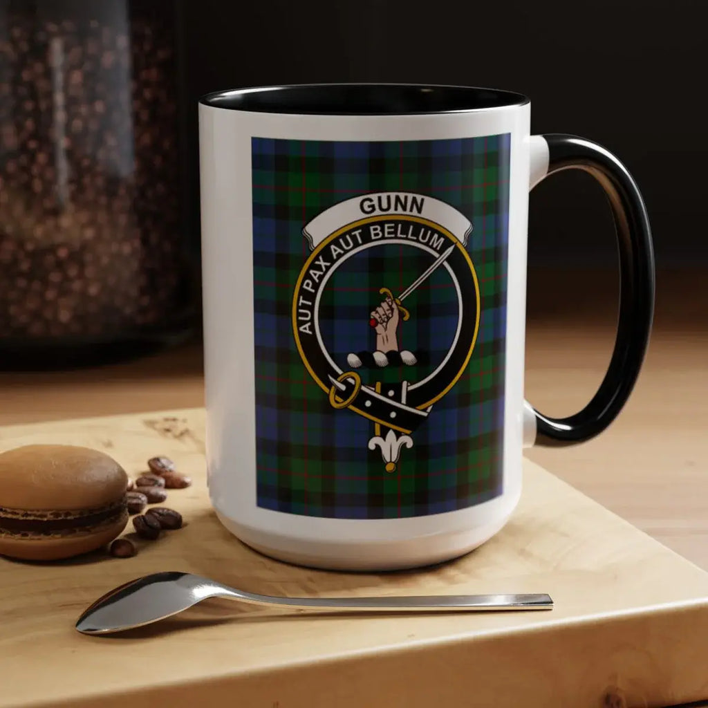 Gunn clan Aut Pax Aut Bellum Scottish crest mug 15oz — glossy white ceramic with navy handle