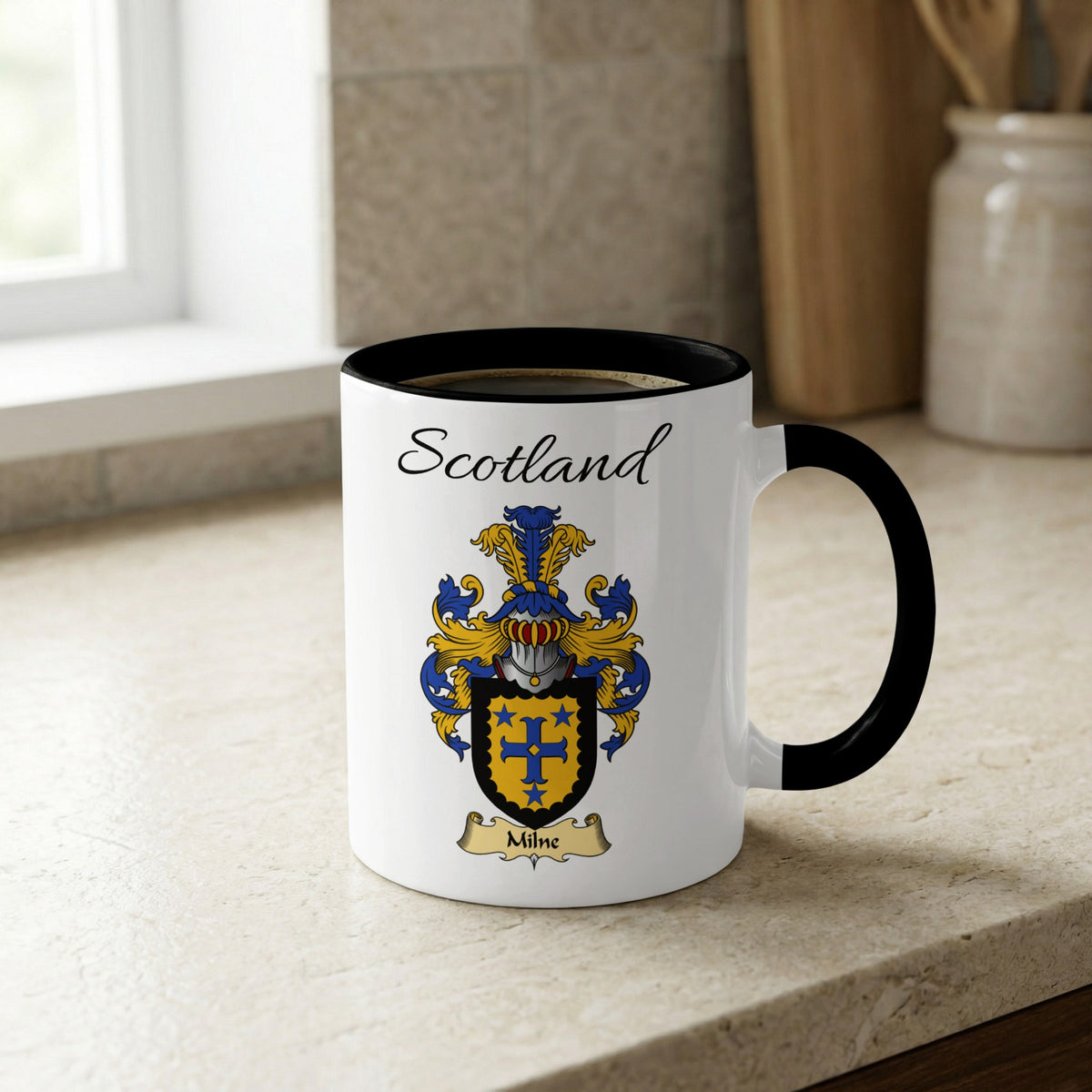 Milne Scottish family crest accent mug with Scotland lettering and coat of arms artwork