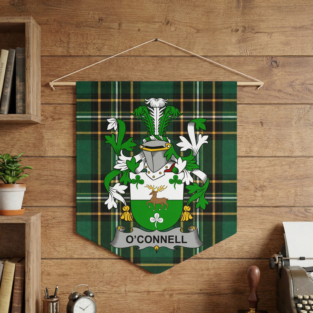 O'Connell family crest on a green tartan banner hanging on a wooden wall.