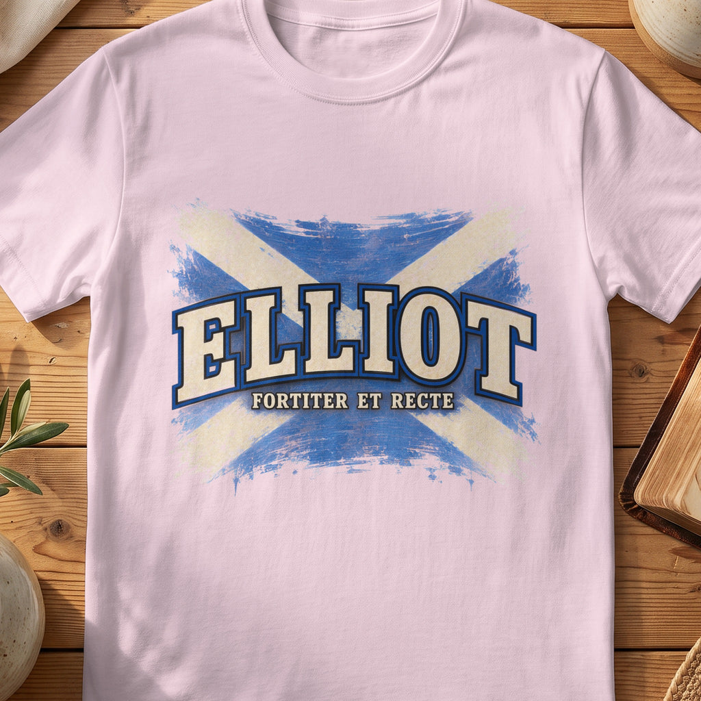 Elliot Scottish Saltire T-shirt in Light Pink, with distressed blue and cream flag and “Fortiter et Recte” lettering.