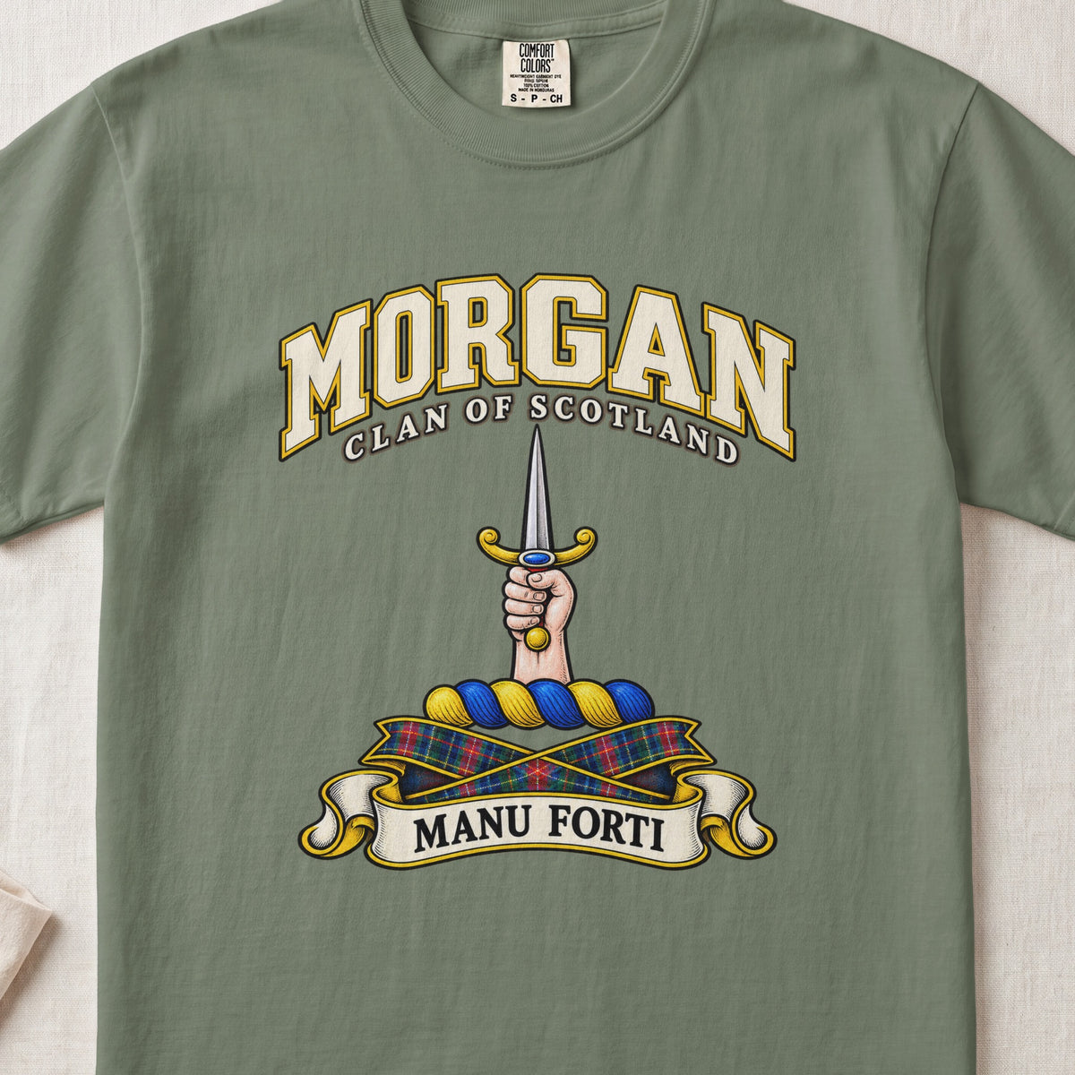 Morgan Scottish clan T-shirt in Moss, front view with a hand holding an upright dagger and motto banner.