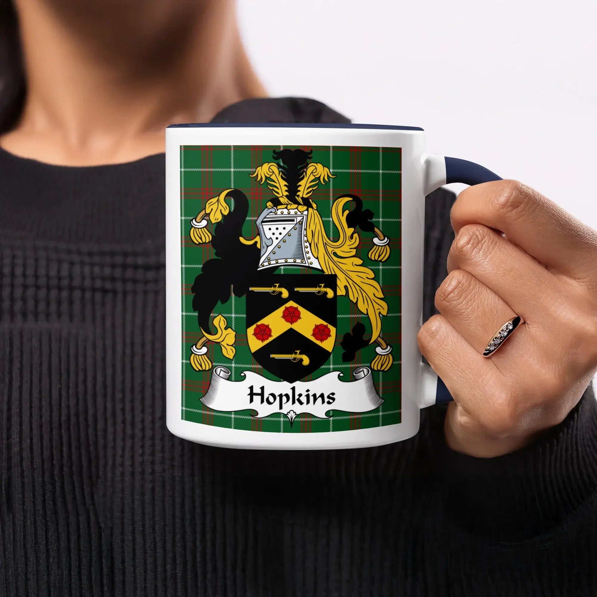 Hopkins Welsh ancestry gift mug featuring green Welsh National Tartan and family crest