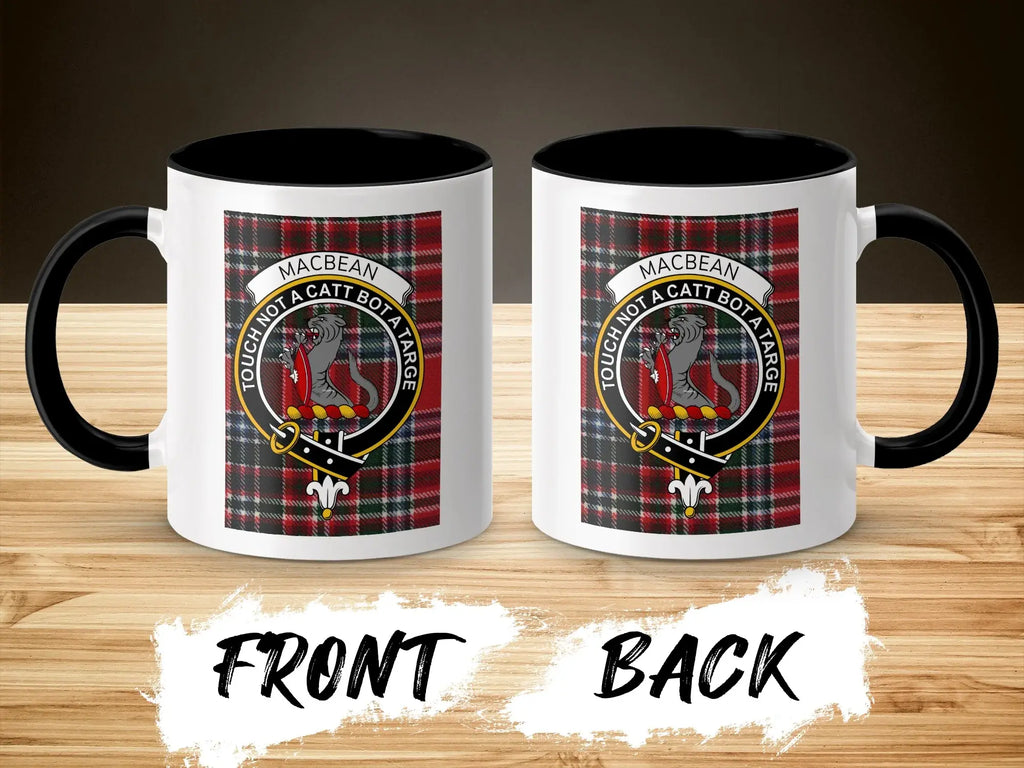 Two mugs with Macbean tartan and crest, displaying "Touch Not a Catt Bot a Targe".