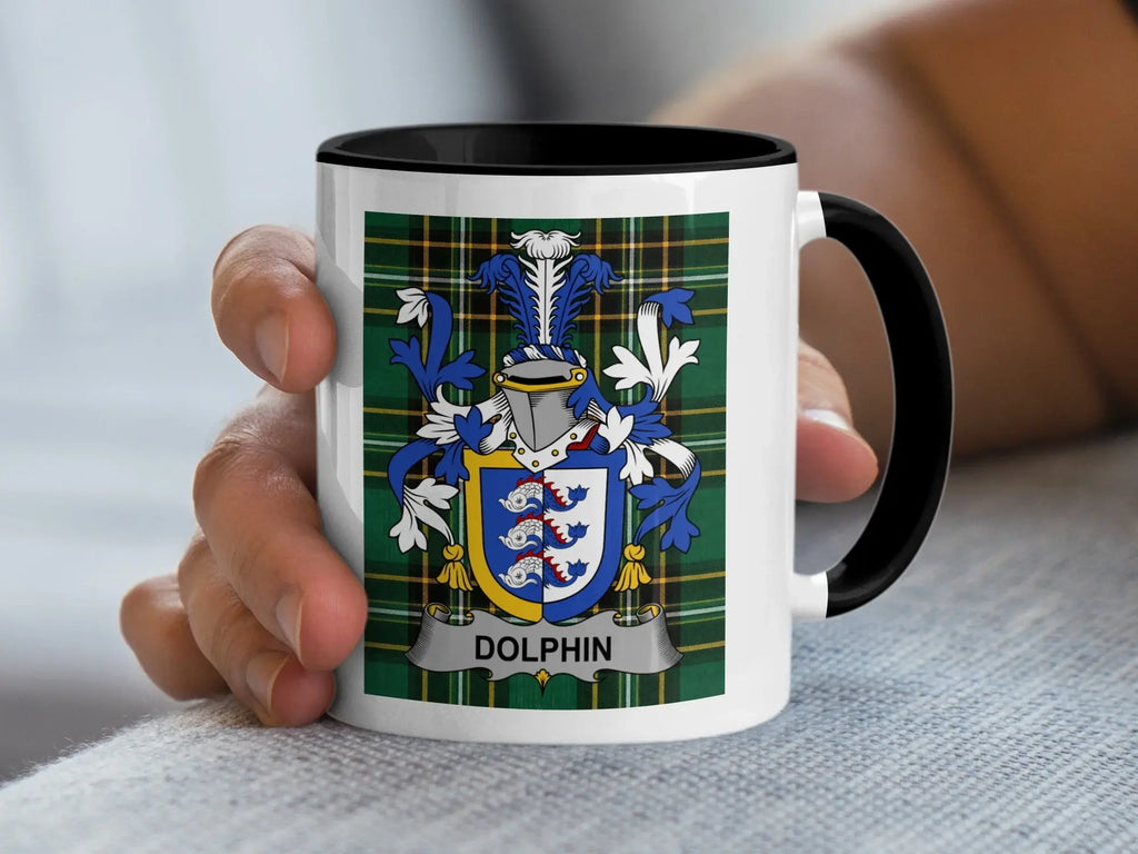 Dolphin Irish family crest black accent mug