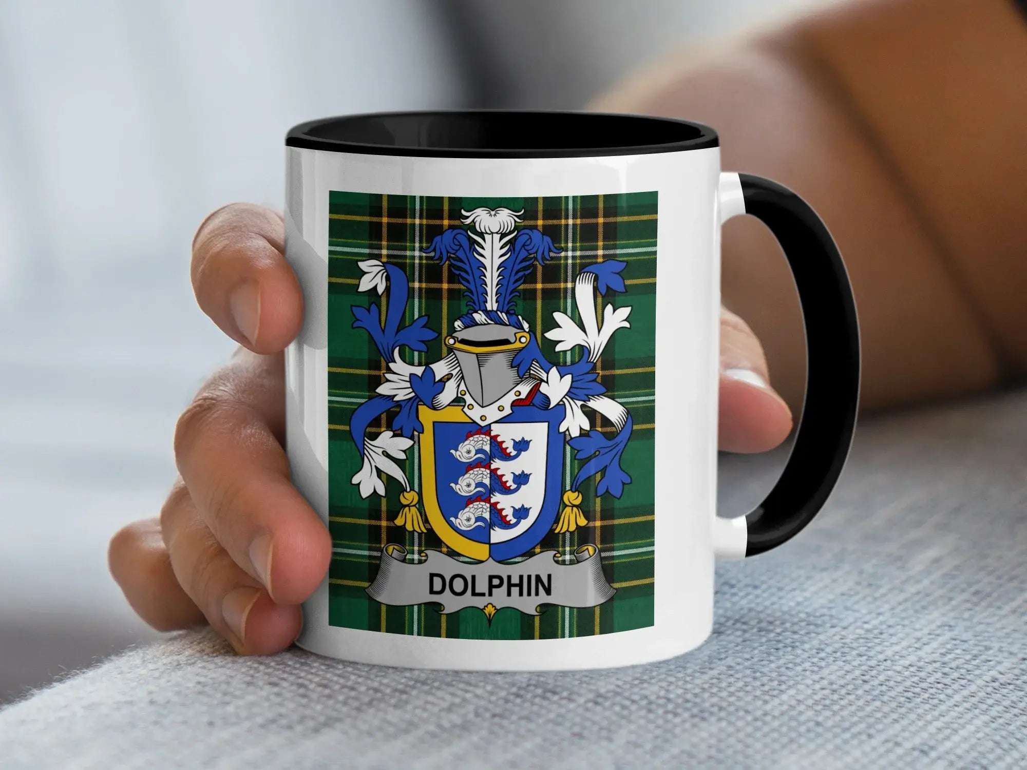 Dolphin Irish family crest black accent mug