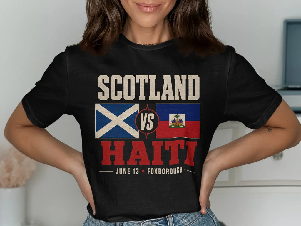 Black t-shirt with Scotland vs Haiti text and flags, June 13, Foxborough.