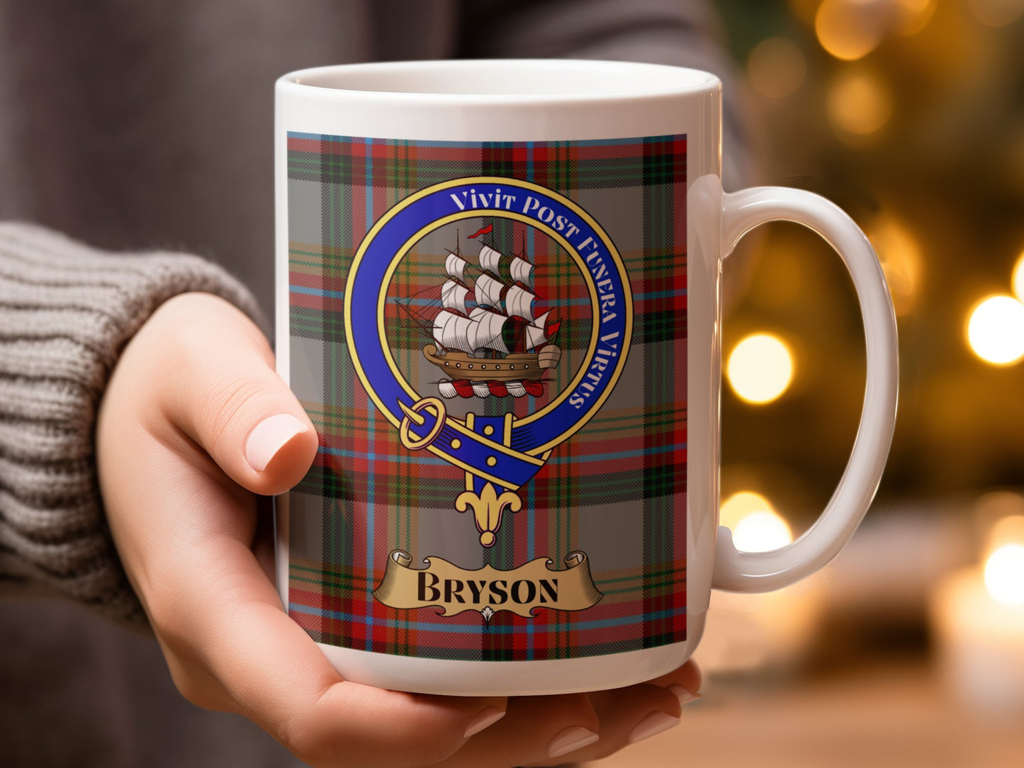 Bryson Family Crest Plaid Background Personalized Mug - Living Stone Gifts