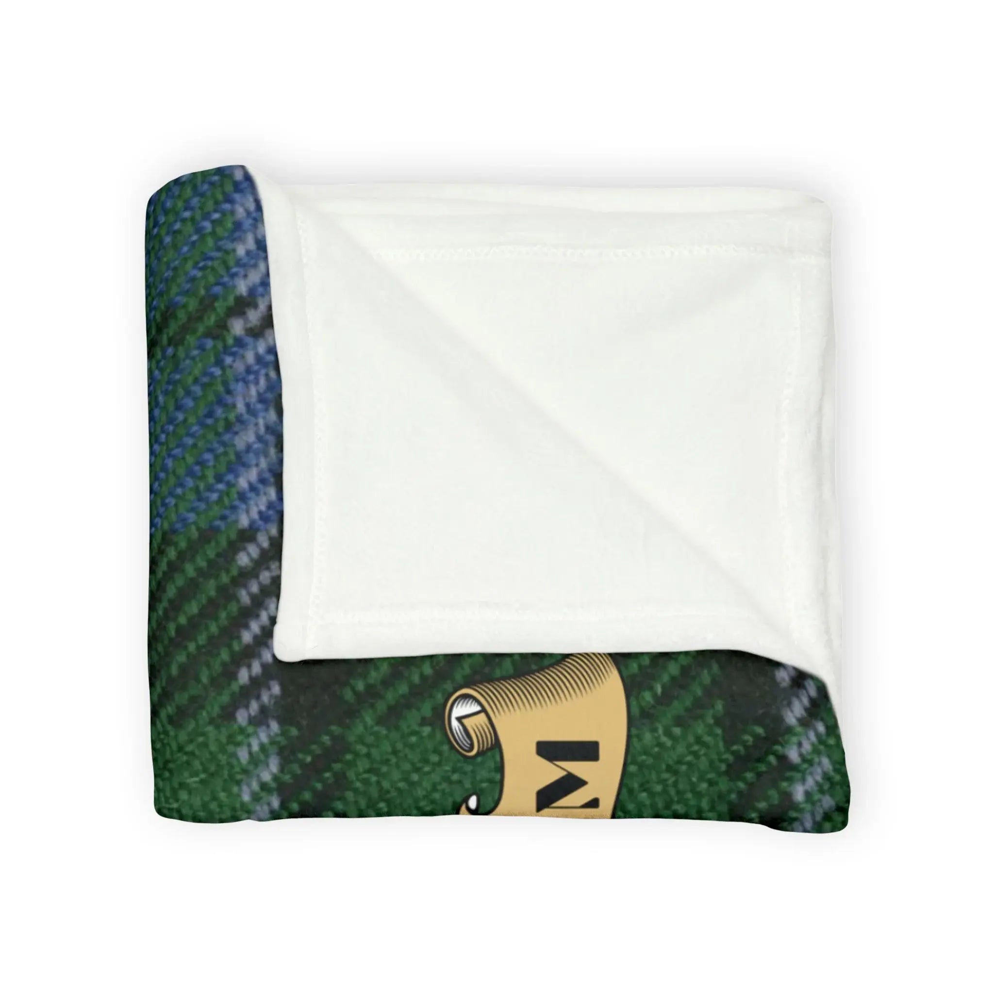 Malcolm tartan throw blanket folded — clan crest on lightweight polyester with hemmed edges