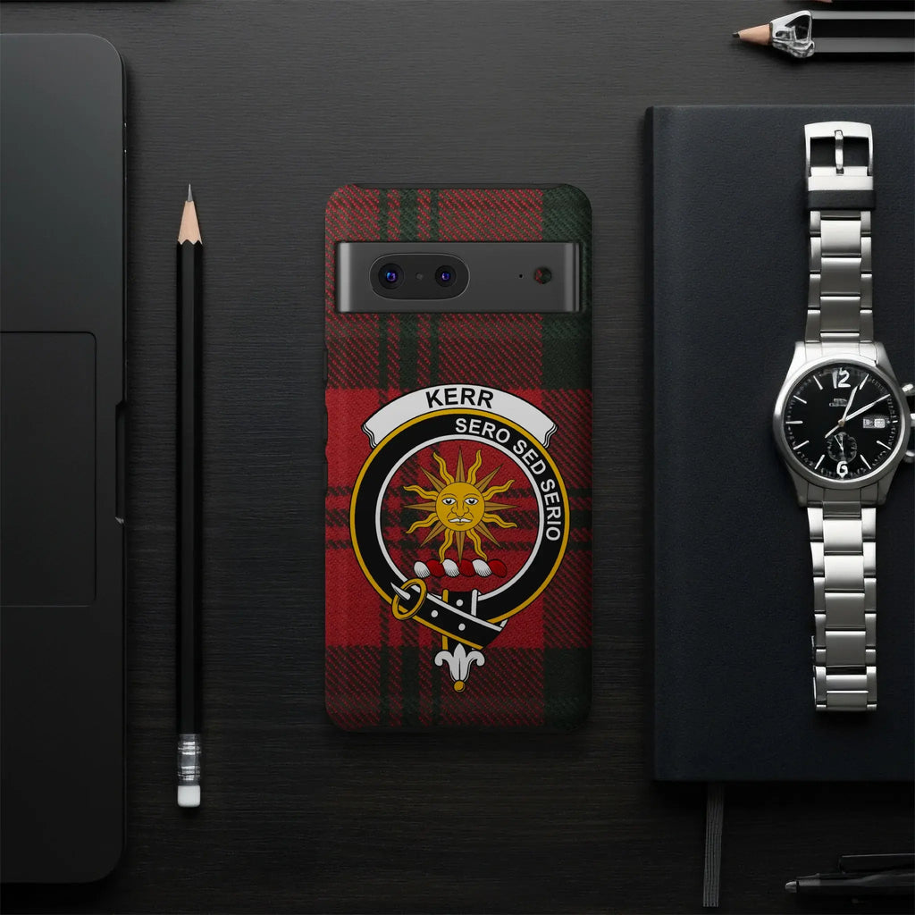 Kerr Sero Sed Serio clan crest phone case flat lay — full sun tartan design visible