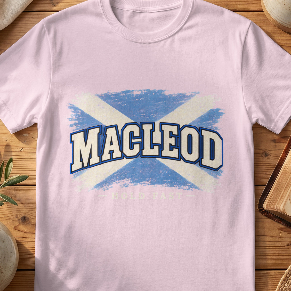 MacLeod Scottish Saltire T-shirt in Light Pink, with distressed blue and cream flag and “Hold Fast” lettering.