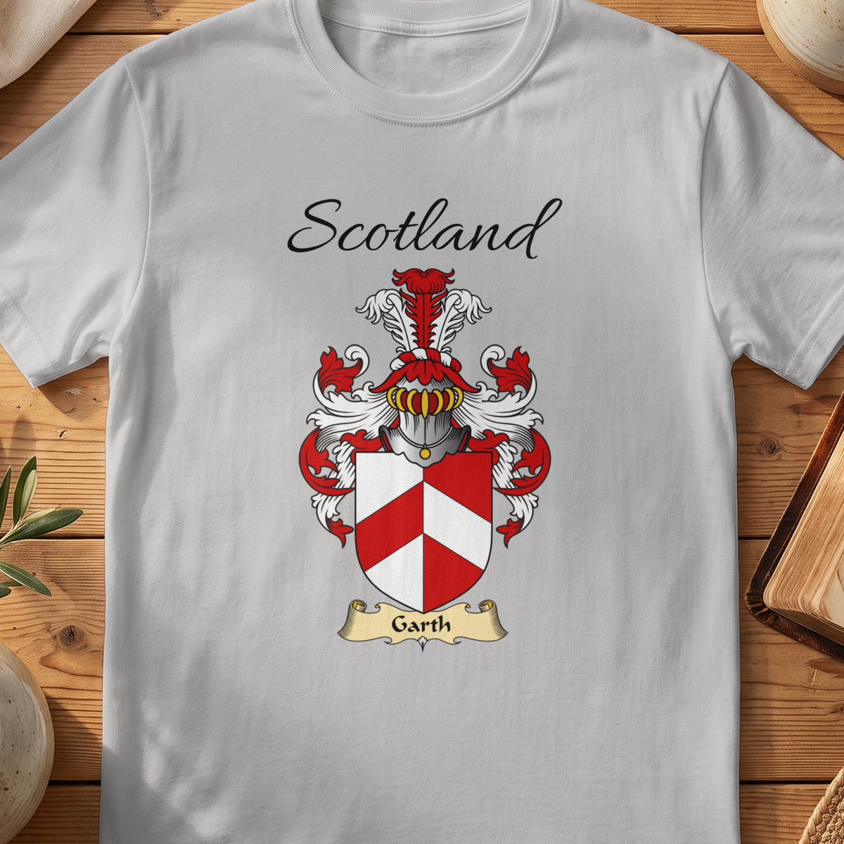 Sport Grey Garth Scottish family shield T-shirt featuring a red-and-white geometric chevron design