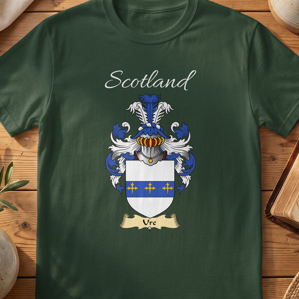 Forest Green Ure Scottish T-shirt laid flat with coat of arms artwork and “Scotland” text.