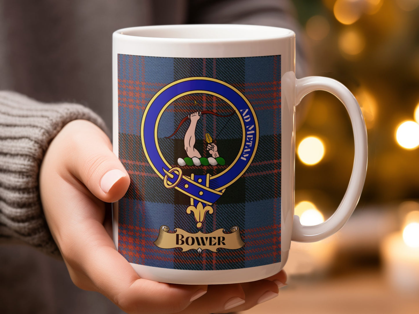 Bower Clan Coat Of Arms Design Blue Plaid Pattern Mug - Living Stone Gifts