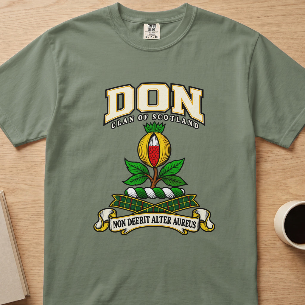 Don clan T-shirt in sage green, front view with red and gold fruit with green leaves