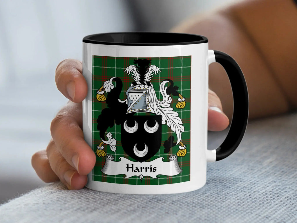 Harris Welsh coat of arms accent mug with black handle and crest on Welsh National Tartan