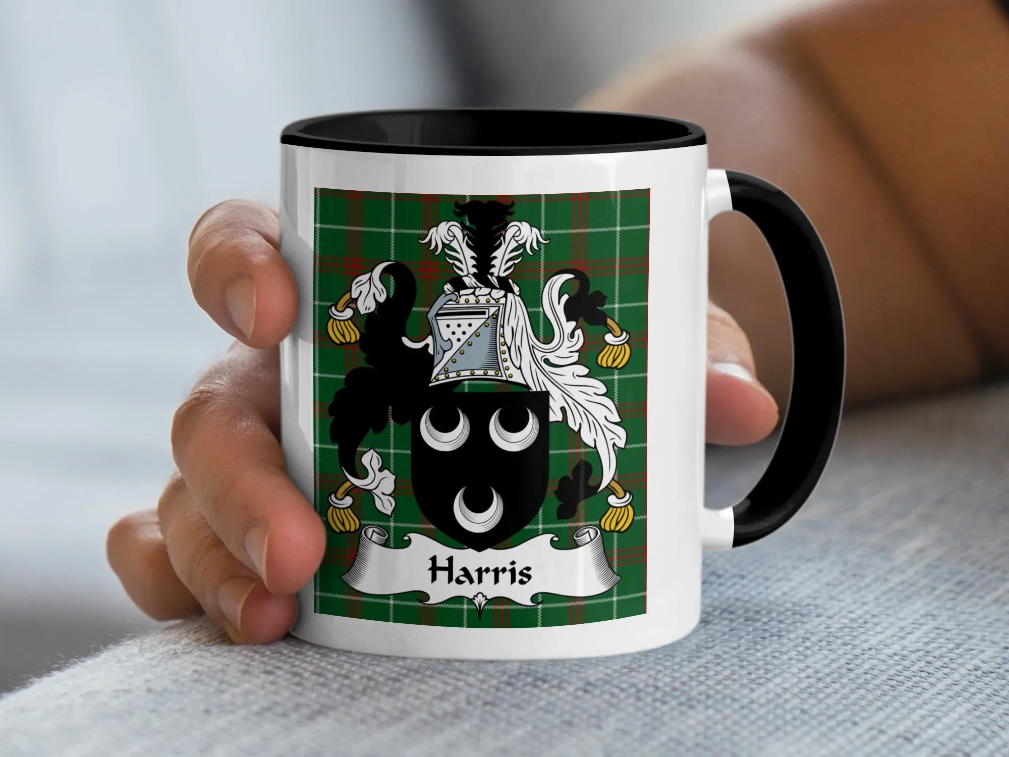 Harris Welsh coat of arms accent mug with black handle and crest on Welsh National Tartan
