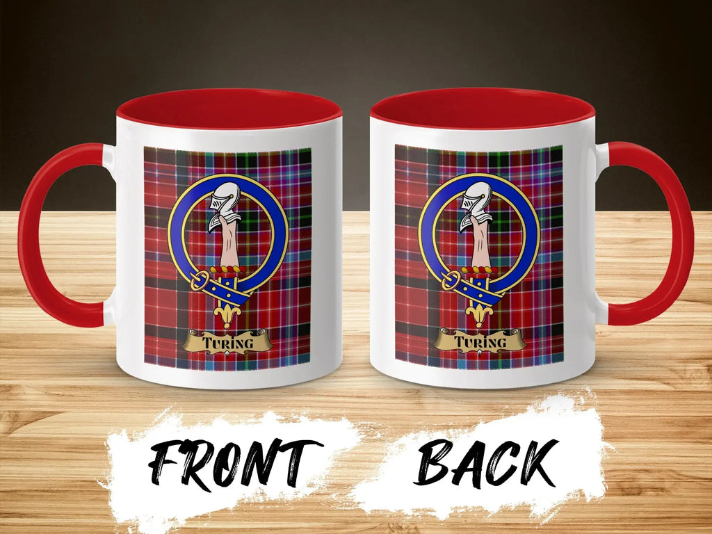 Turing tartan-background crest mug shown as a Scottish heritage gift