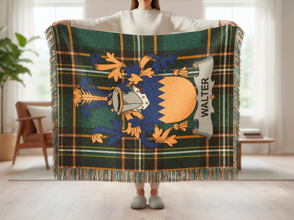 Tartan blanket with heraldic crest and the name WALTER.