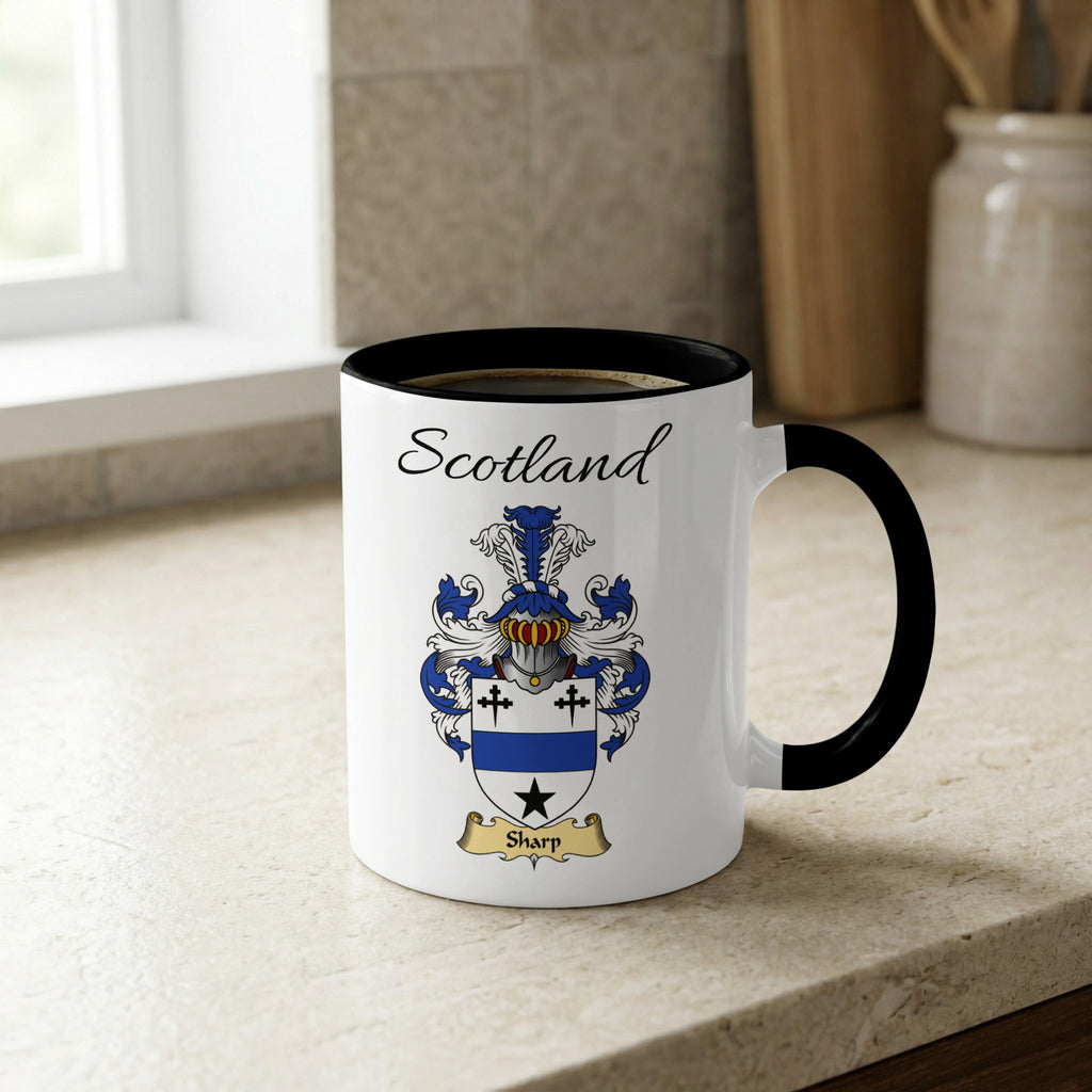 Sharp Scottish family crest accent mug with Scotland lettering and coat of arms artwork