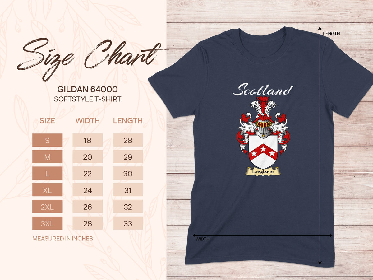 Gildan 64000 size chart for the Langlands unisex T-shirt, sizes S to 3XL
