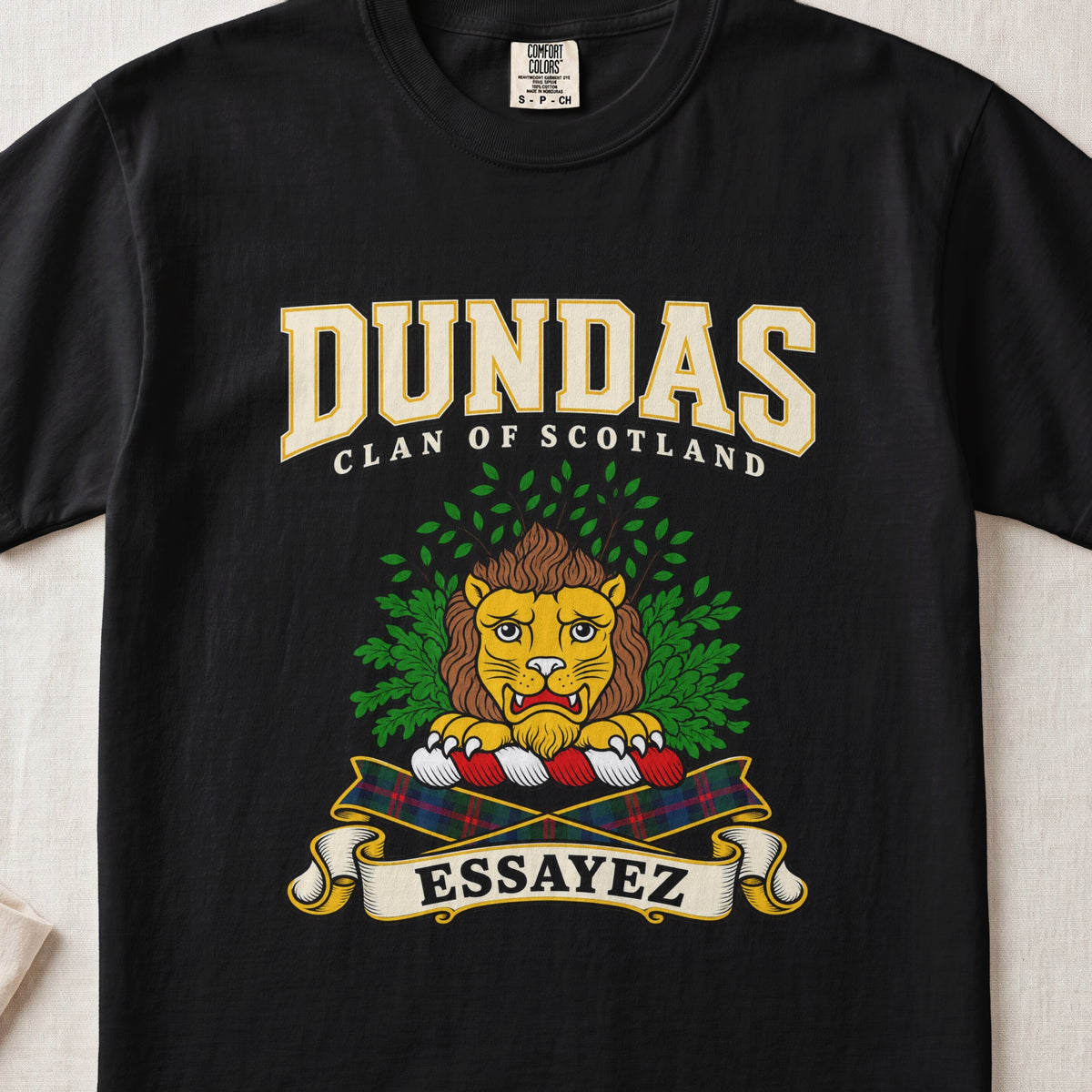 Dundas Scottish clan graphic T-shirt in Black, front view