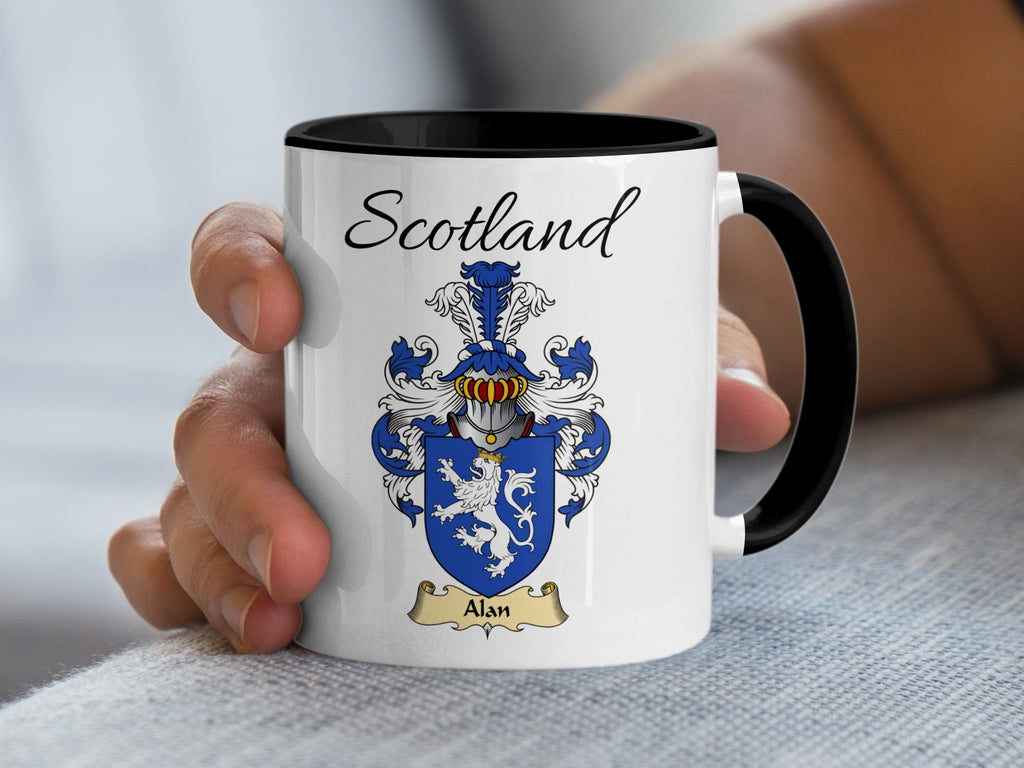 Alan Scottish family crest accent mug with Scotland above the coat of arms design
